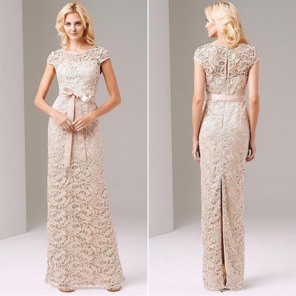 Adrianna Papell Champagne Lace Cap Sleeve Illusion Gown Maxi Dress Bridesmaid 12